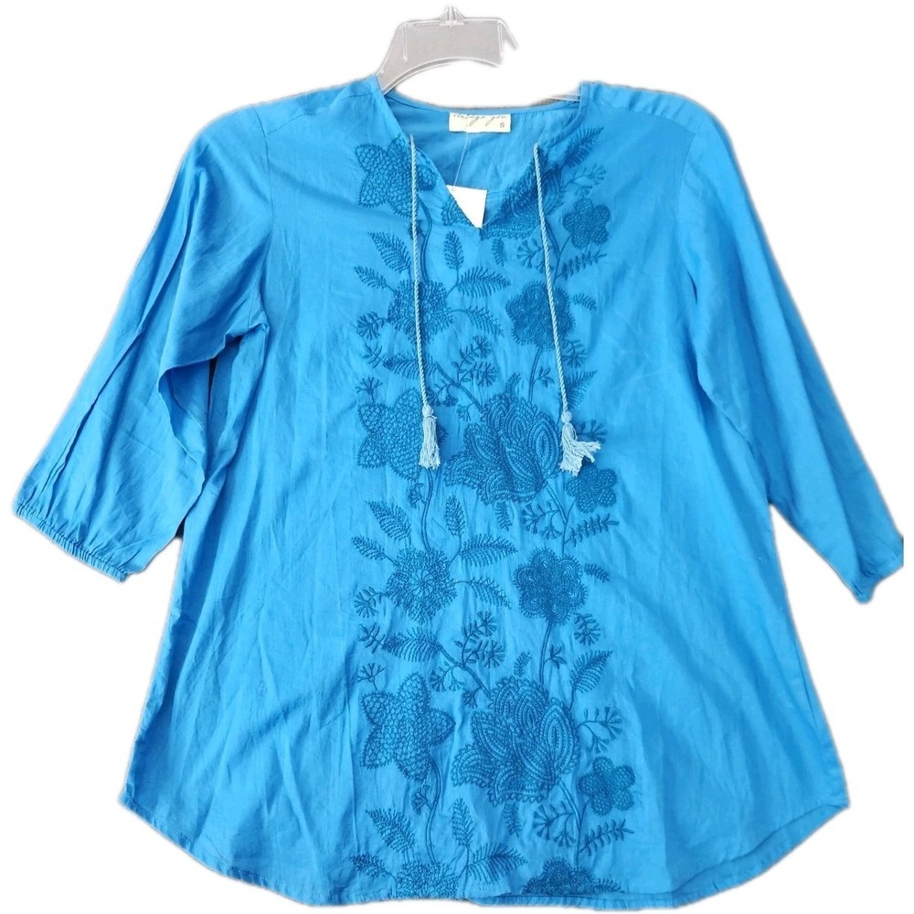 Vintage Goa Boho Tunic Top Womens S Blue 3/4 Sleeve Hippie Festival Peasant NWT